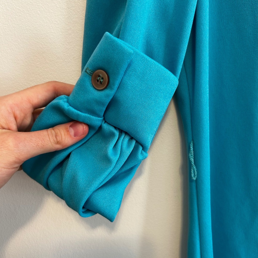 Vintage 70s Blue Dagger Collar Button Front Midi shirt-Dress Long Sleeve - Picture 5 of 7
